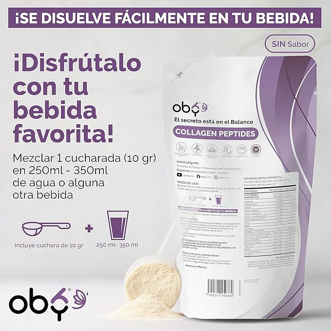 OBY Colageno Hidrolizado Puro + Acido Hialuronico | Suplemento en Polvo para Cabello, Piel y Uñas 