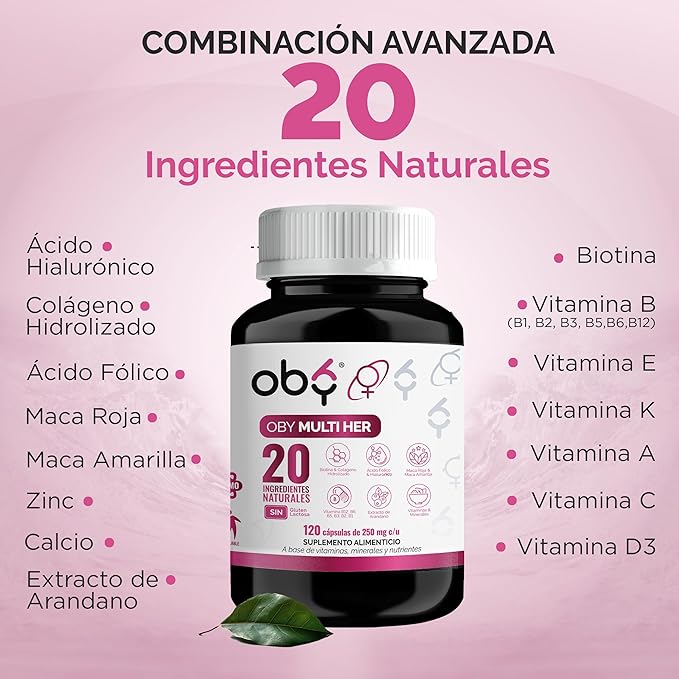 Multivitaminico Mujer OBY | Vitaminas para Mujer con Colageno Hidrolizado y Biotina | 120 cápsulas 2 Meses 