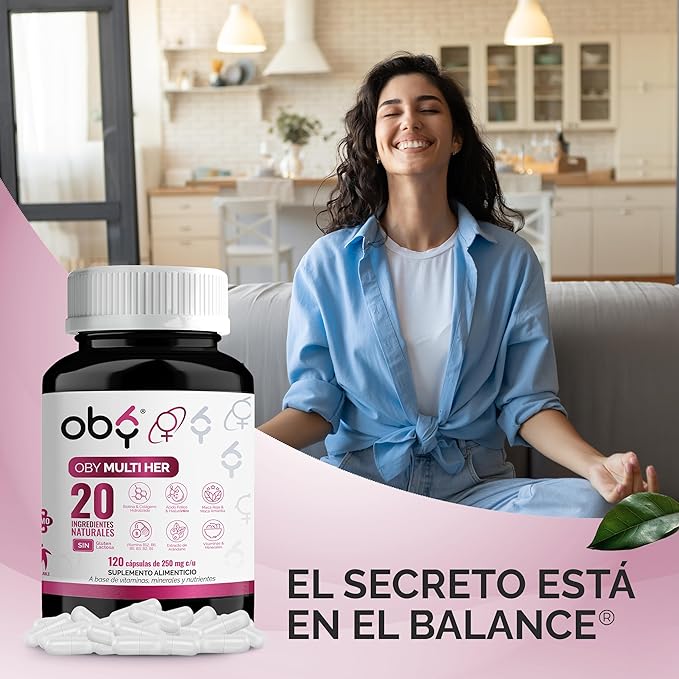 Multivitaminico Mujer OBY | Vitaminas para Mujer con Colageno Hidrolizado y Biotina | 120 cápsulas 2 Meses 