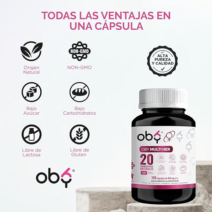 Multivitaminico Mujer OBY | Vitaminas para Mujer con Colageno Hidrolizado y Biotina | 120 cápsulas 2 Meses 