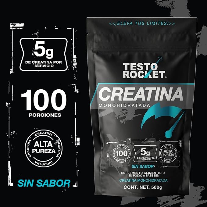 Creatina Monohidratada de Alta Pureza en Polvo - 500g | Creatina Testo Rocket - Pre workout
