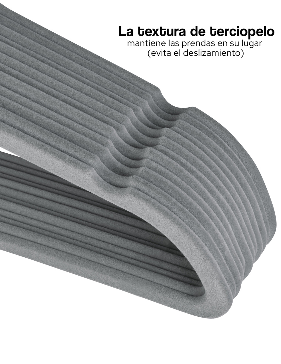 AGBOX Ganchos Perchas Ropa Terciopelo Premium 50 Pzas Gris AG-GANTEG.
