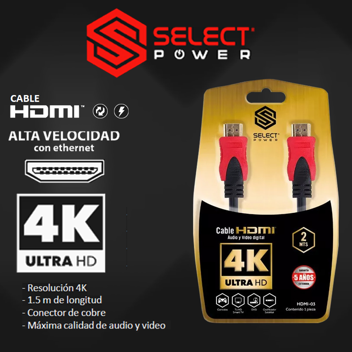Cable HDMI® 2.0 de alta velocidad, de 1 m Steren Tienda