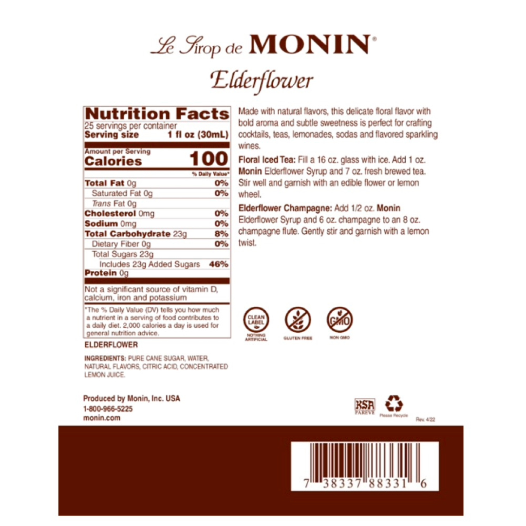 Monin Jarabe de Flor de Sáuco - Elderflower en botella de Vidrio de 750 ml.