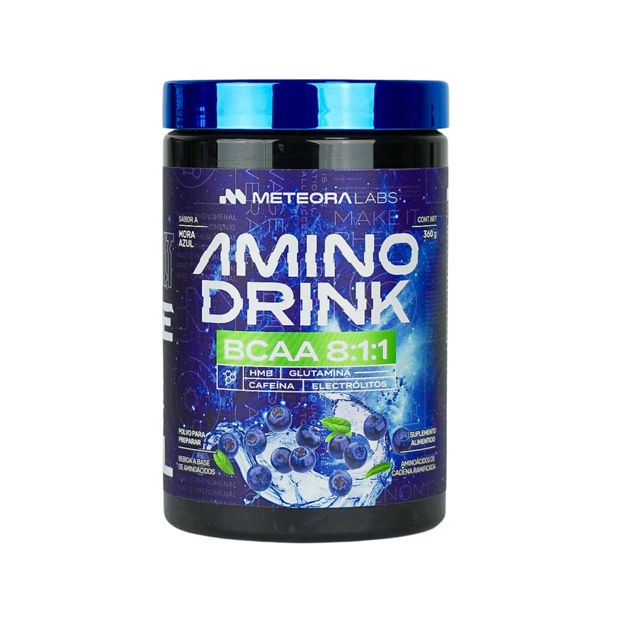 METEORA LABS | Aminodrink | BCAA 8:1:1 | HMB | BCAA Aminoácidos de cadena ramificada | Electrolitos | Glutamina | 30 Porciones por envase | Sin Azúcares Añadidos | Sabor a Mora azul