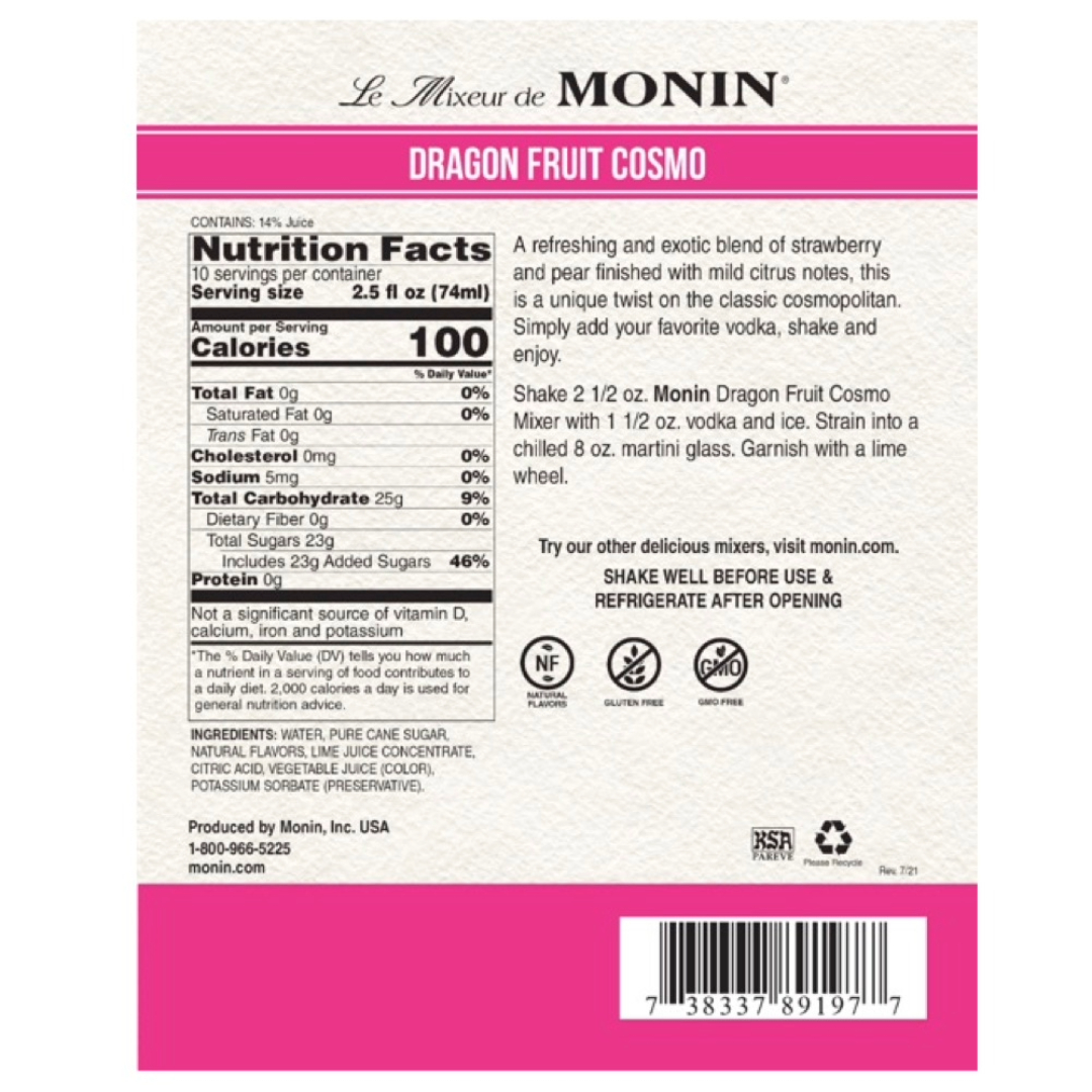 Monin Jarabe de Pitahaya - Dragon Fruit Cosmo en botella de Vidrio de 750 ml.