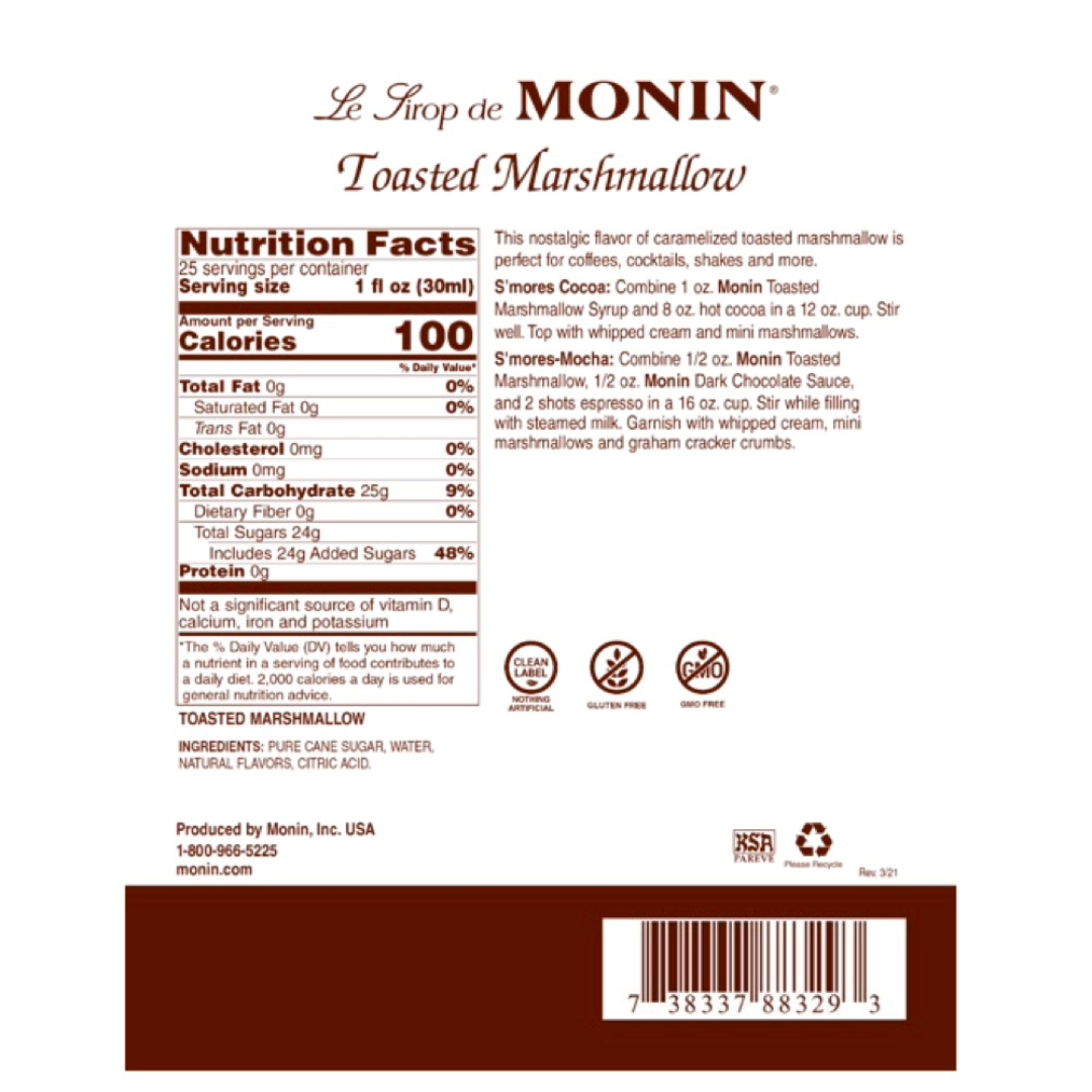 Monin Jarabe de Malvavisco Tostado - Toasted Marshmallow en botella de Vidrio de 750 ml.