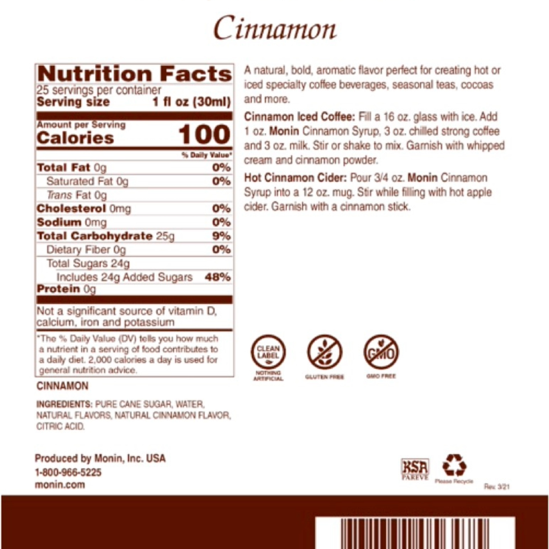 Monin Jarabe de Canela - Cinnamon en botella de Vidrio de 750 ml.