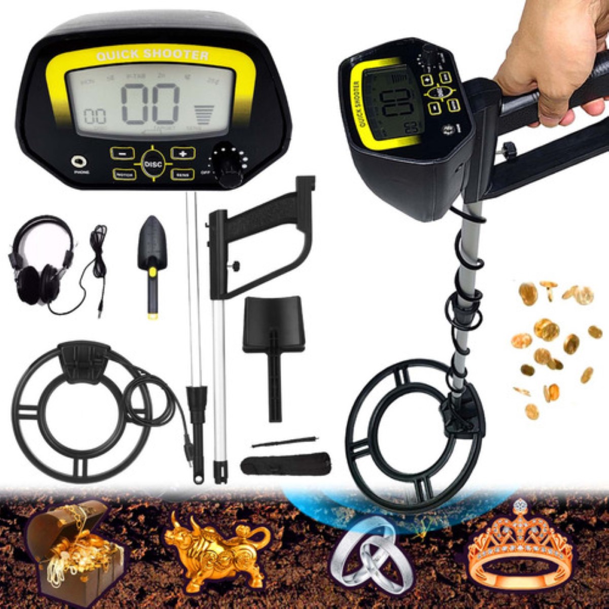 Detector De Metales Subterraneos Con Auricular Pantalla Lcd Amarillo/Negro
