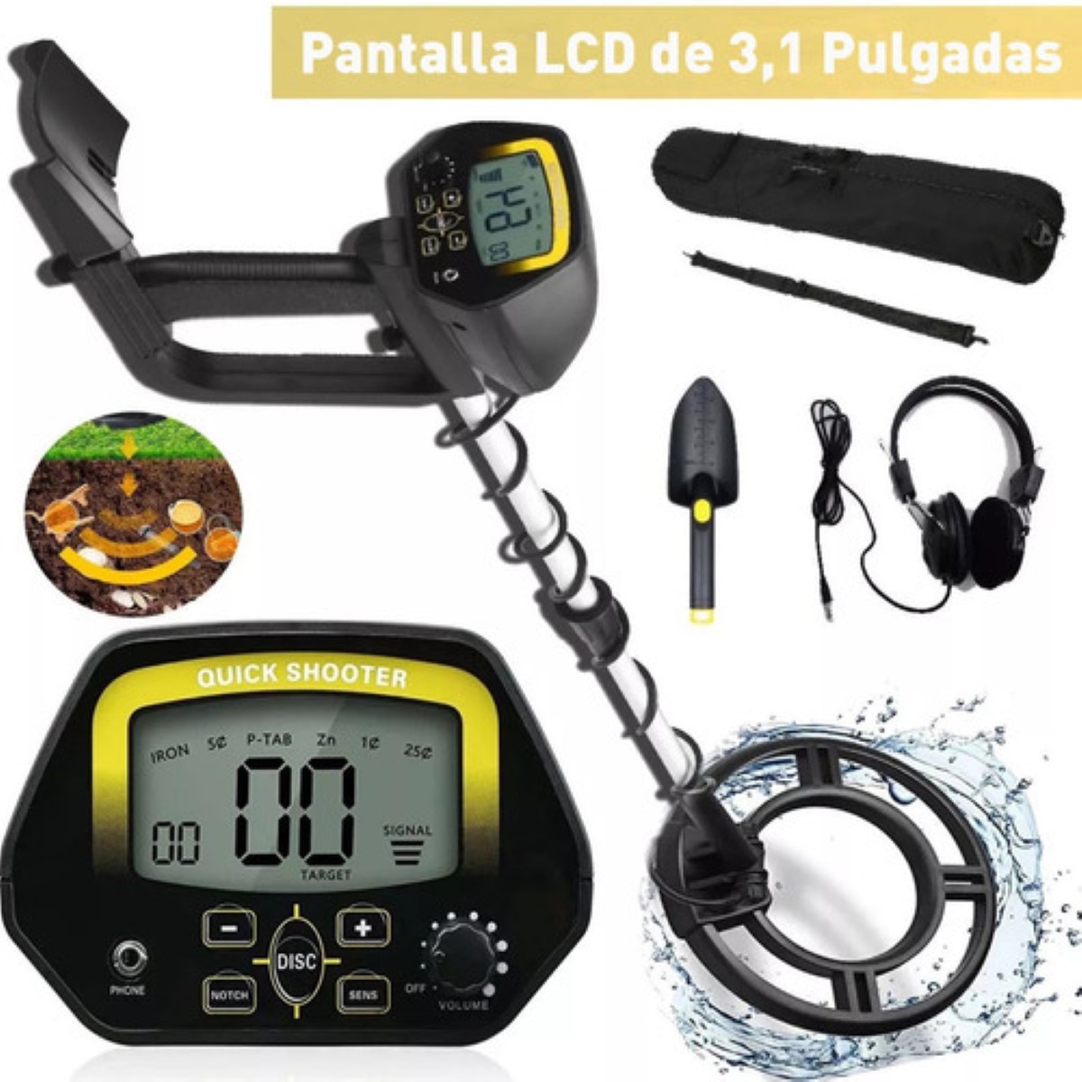 Detector De Metales Subterraneos Con Auricular Pantalla Lcd Amarillo/Negro