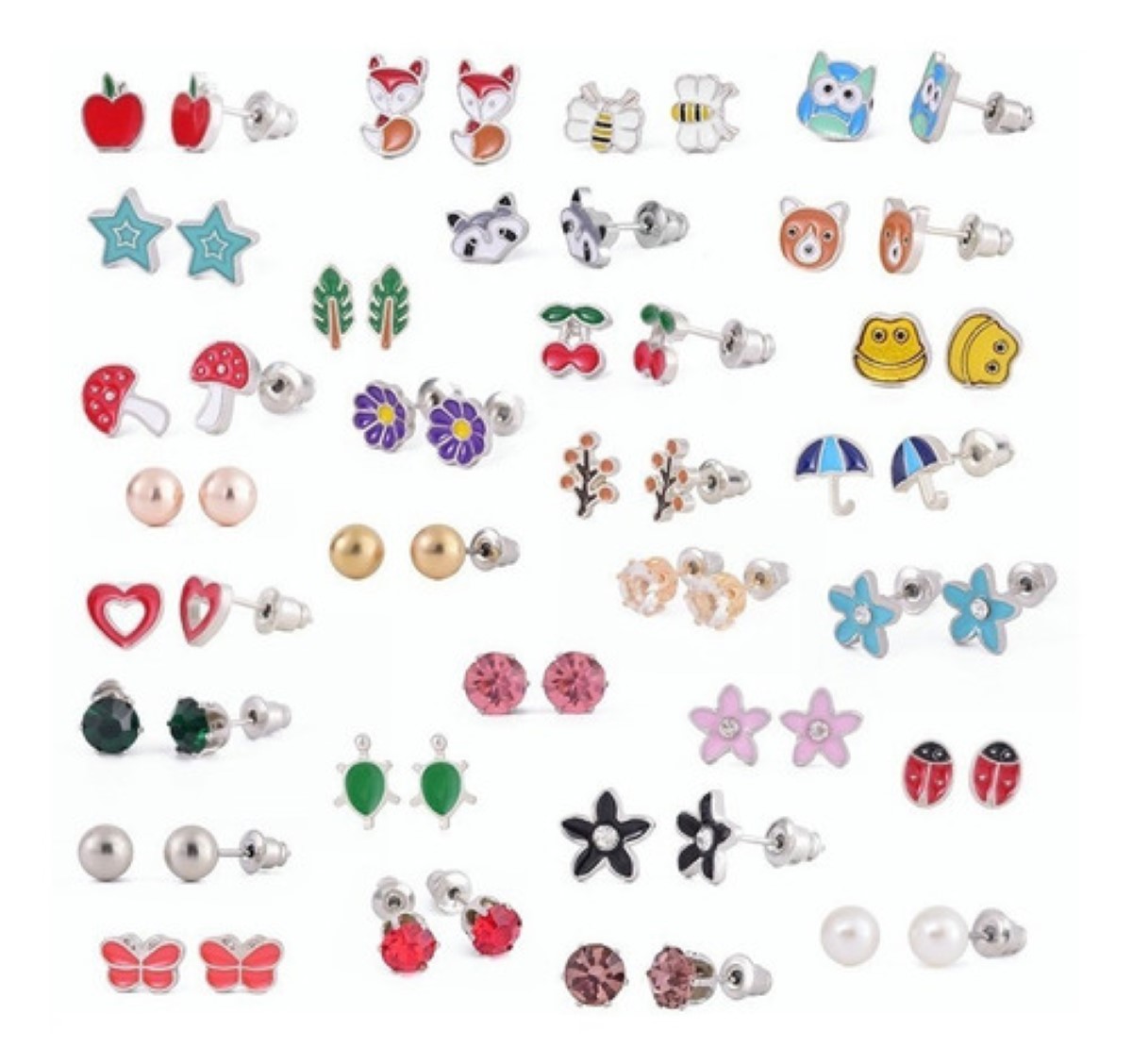 Aretes 30 Pares Frutas Animales Lindos Colores Acero Set