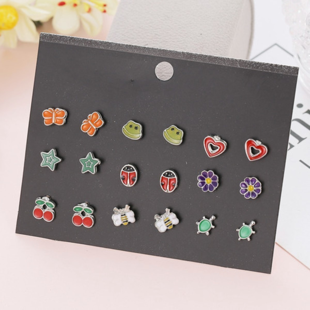 Aretes 30 Pares Frutas Animales Lindos Colores Acero Set