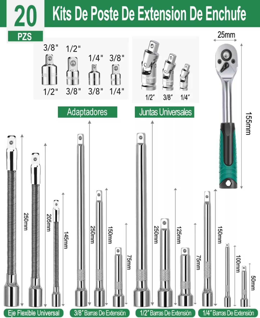 Juego De Llaves De Tubo Con Llave Carraca Y Extensión 20pzs