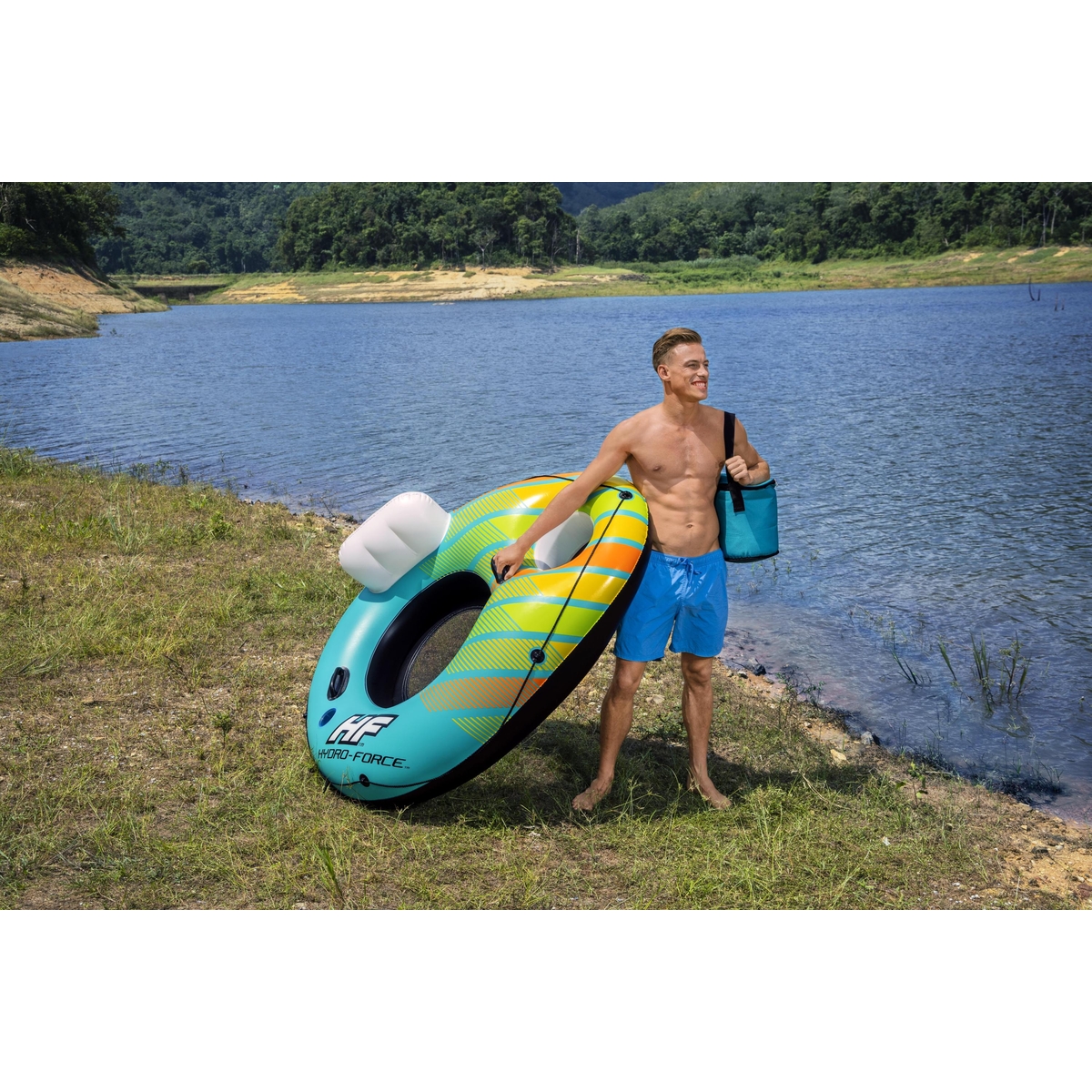 Salvavidas Circular con Agarraderas y porta hielera1.69 metros x 1.37 metros verde con amarillo caja (1)