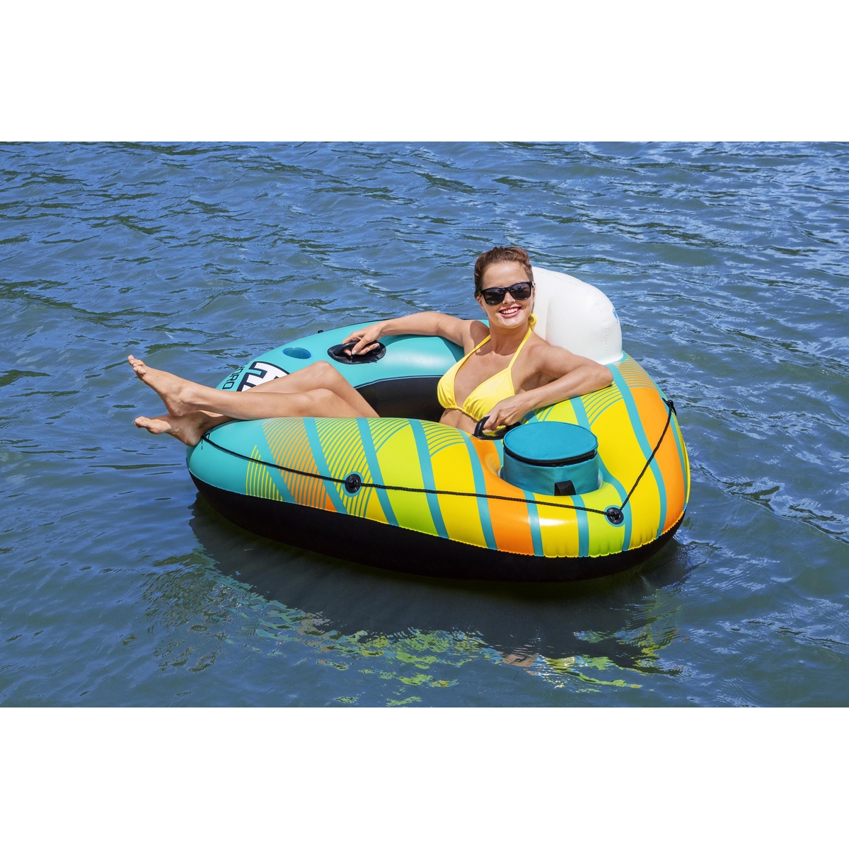 Salvavidas Circular con Agarraderas y porta hielera1.69 metros x 1.37 metros verde con amarillo caja (1)