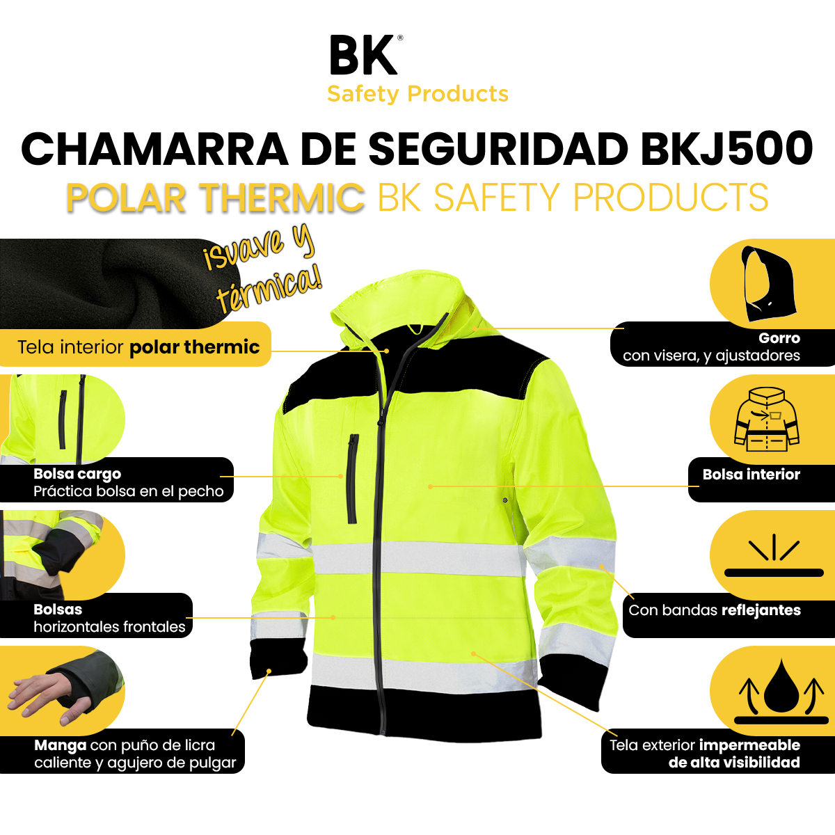 Chamarra Polar thermic de trabajo impermeable con reflejante alta visibilidad Bk safety products 5 tallas disponibles.