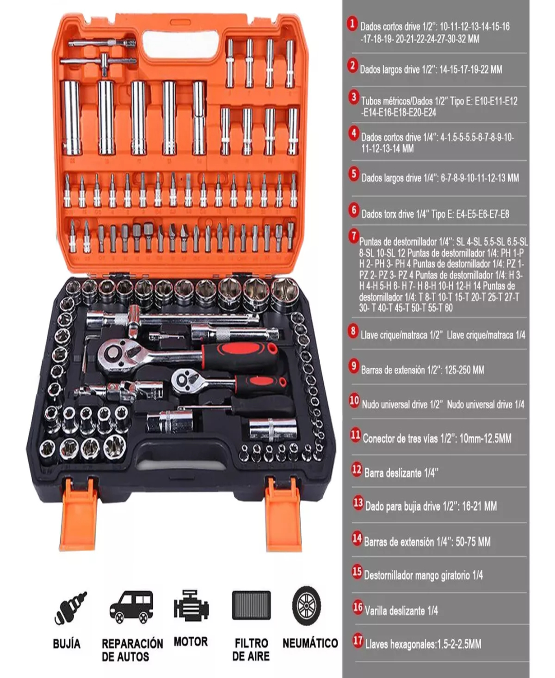 108 Pz Juego De Dados Herramientas Llaves Autocle Estuche.