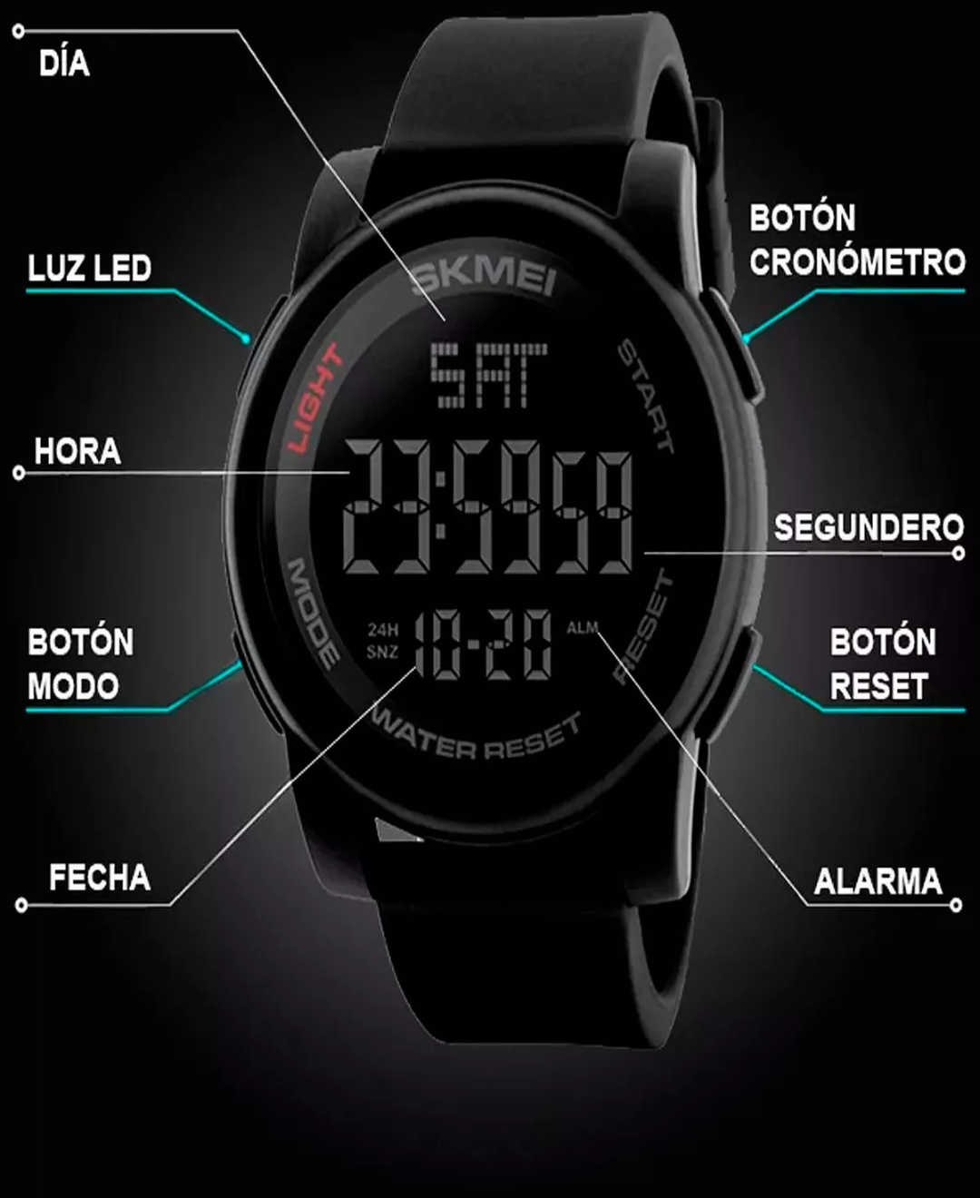 Reloj de pulsera Skmei 1257 de cuerpo color negro, digital, para hombre, fondo negro, con correa de poliuretano color negro, dial gris, minutero/segundero gris, bisel color negro, luz verde y celeste y hebilla simple