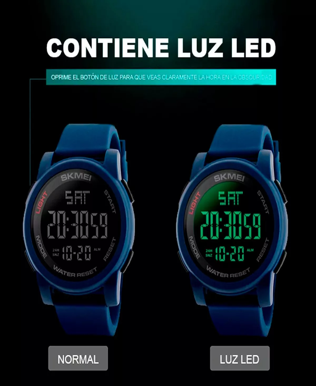 Reloj de pulsera Skmei 1257 de cuerpo color negro, digital, para hombre, fondo negro, con correa de poliuretano color negro, dial gris, minutero/segundero gris, bisel color negro, luz verde y celeste y hebilla simple