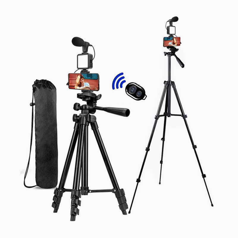 51 Inch / 130cm TriPod Vlogging Kit, Lampara Led, Micrófono, Soporte para Teléfono, Control Remoto Bluetooth