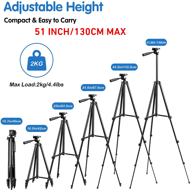 51 Inch / 130cm TriPod Vlogging Kit, Lampara Led, Micrófono, Soporte para Teléfono, Control Remoto Bluetooth