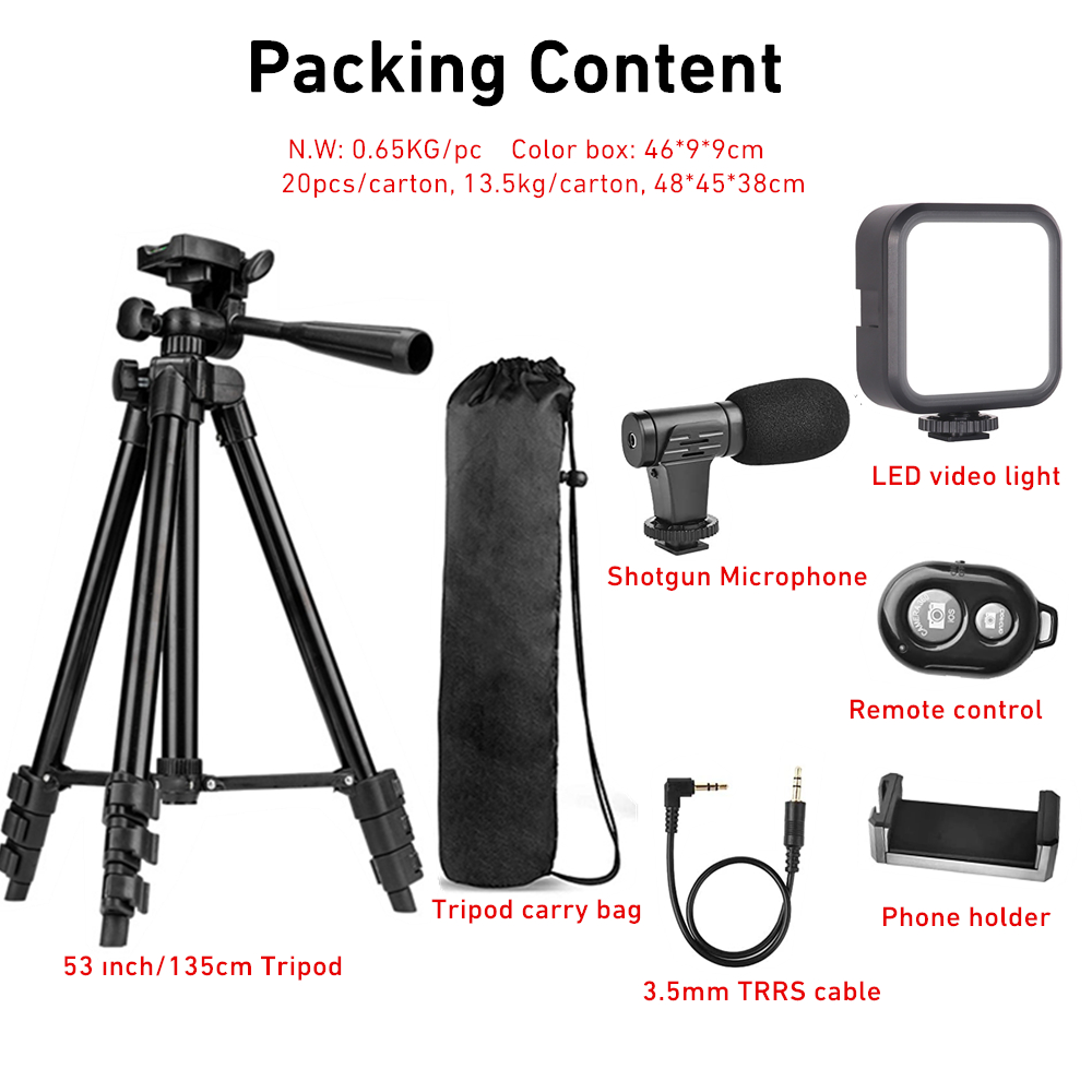 51 Inch / 130cm TriPod Vlogging Kit, Lampara Led, Micrófono, Soporte para Teléfono, Control Remoto Bluetooth
