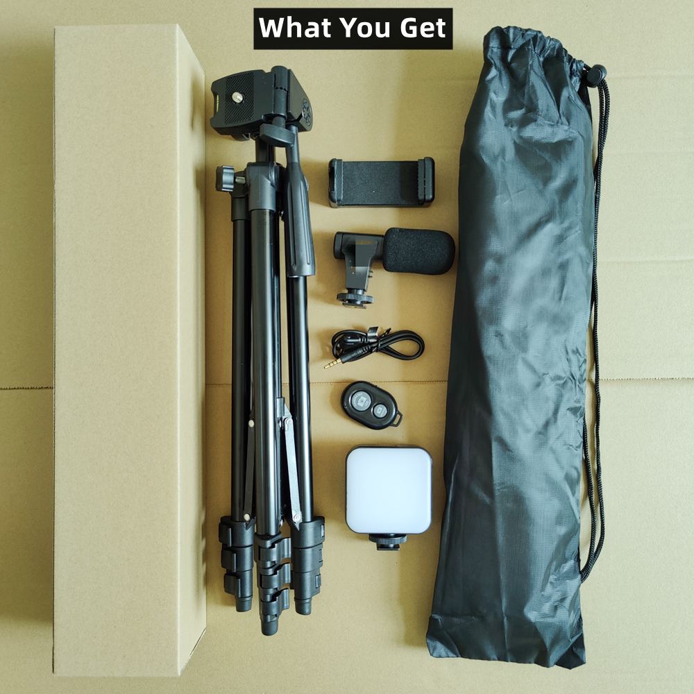 51 Inch / 130cm TriPod Vlogging Kit, Lampara Led, Micrófono, Soporte para Teléfono, Control Remoto Bluetooth