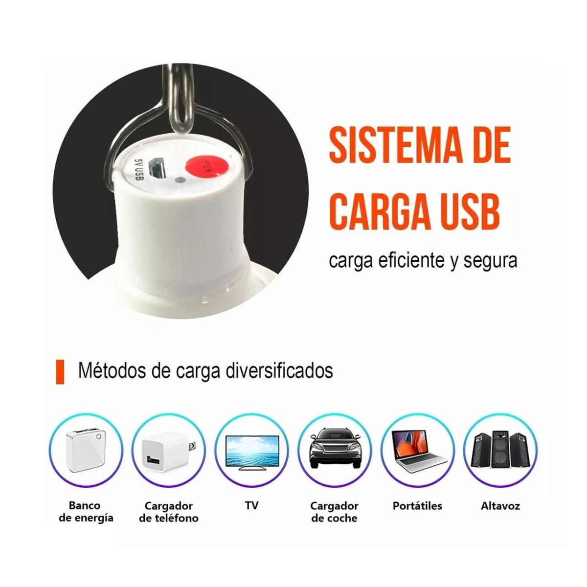 Lámpara Foco Led Portatil Recargable Emergencia Usb Blanco