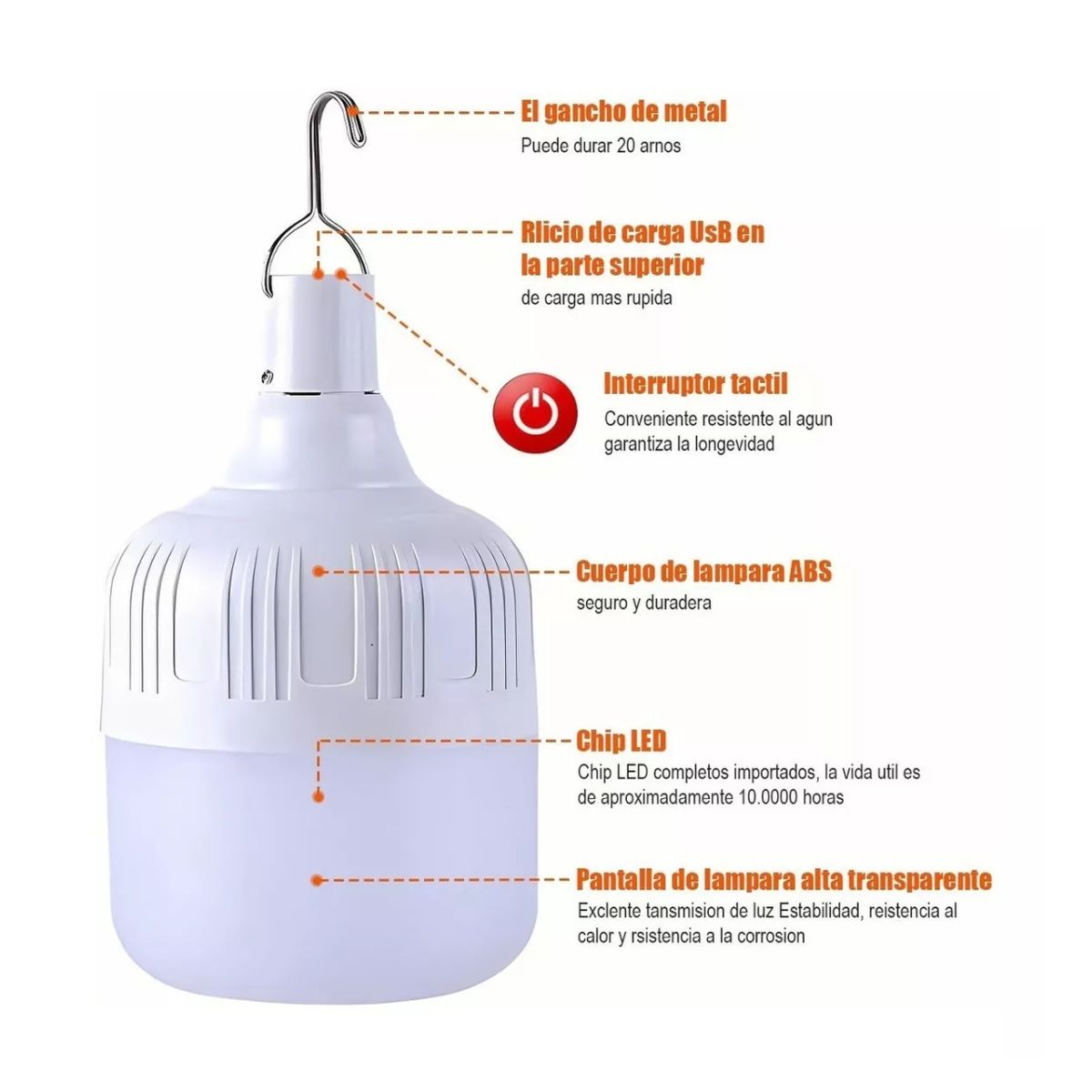 Lámpara Foco Led Portatil Recargable Emergencia Usb Blanco