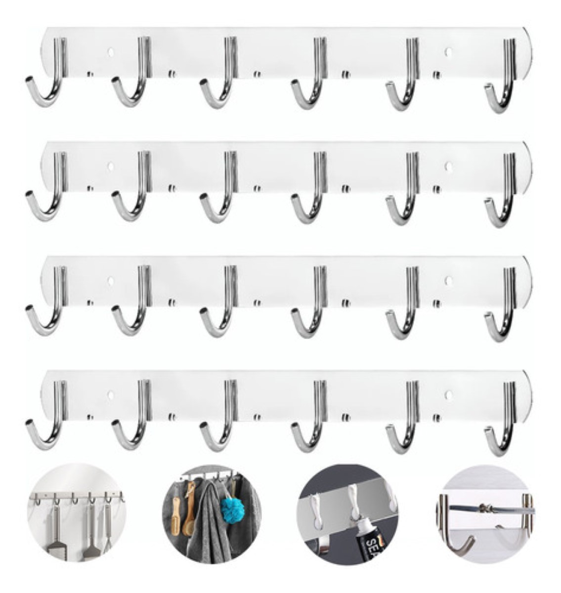 Gancho Perchero, Set 4 Perchero Pared Acero Inox 6 Ganchos
