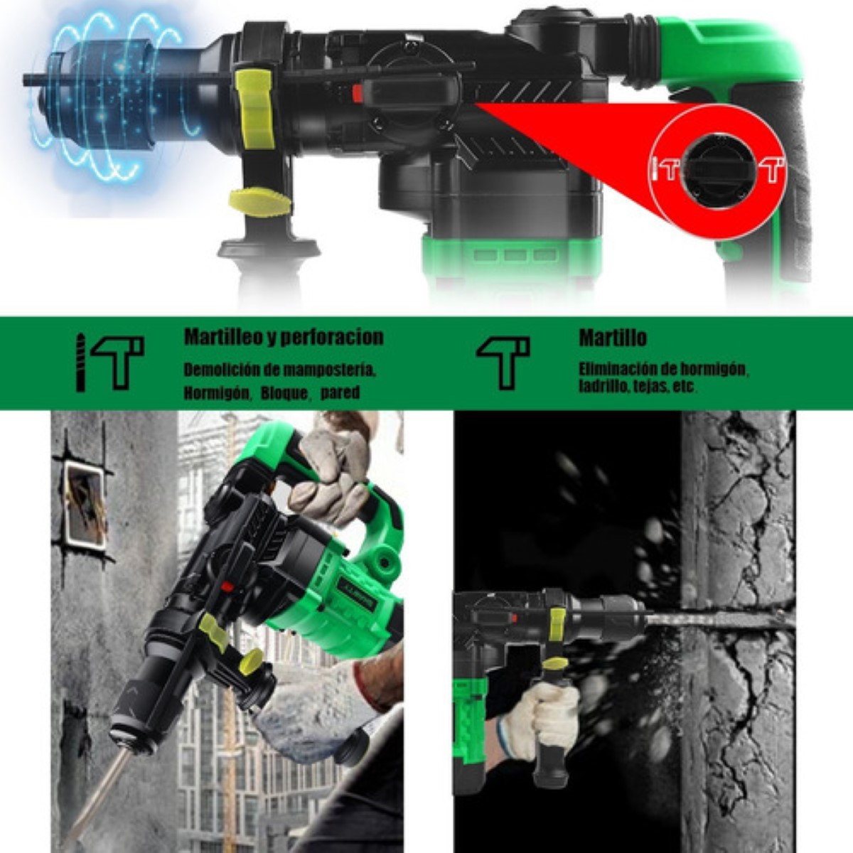 Rotomartillo Cincelador Martillo Demoledor 1600w Verde/NEGRO