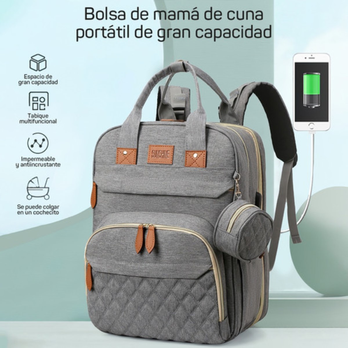 Mochila Pañalera Cambiador Multifunción Organizador Portatil Color Gris