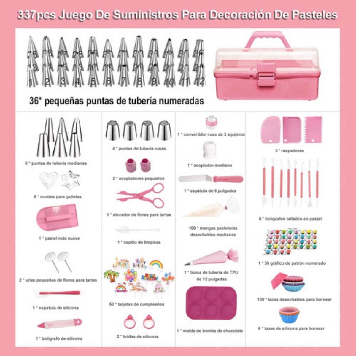 Kit De Decoración Pasteles 337pcs Accesorios Para Reposteria Rosa