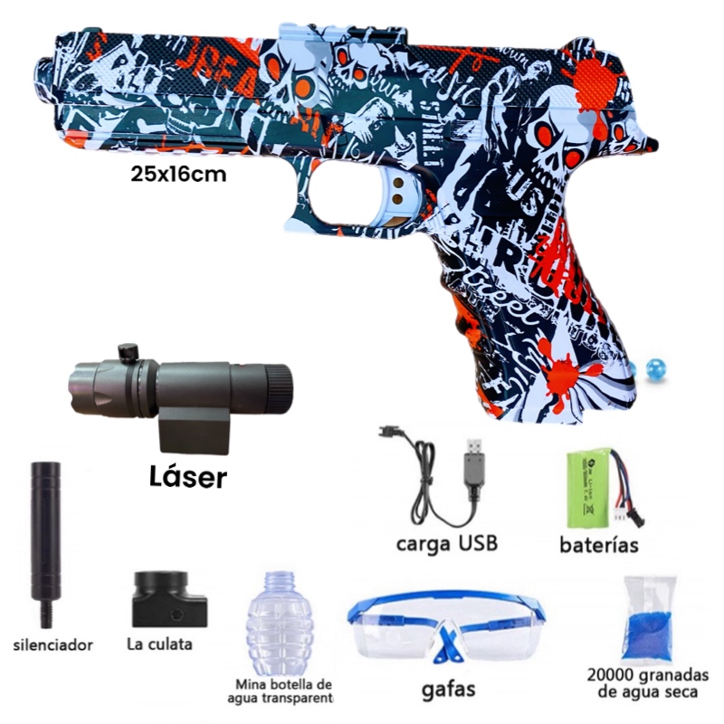 Pistola Lanza Hidrogel de Juguete con Laser Silenciador y Bateria Recargable