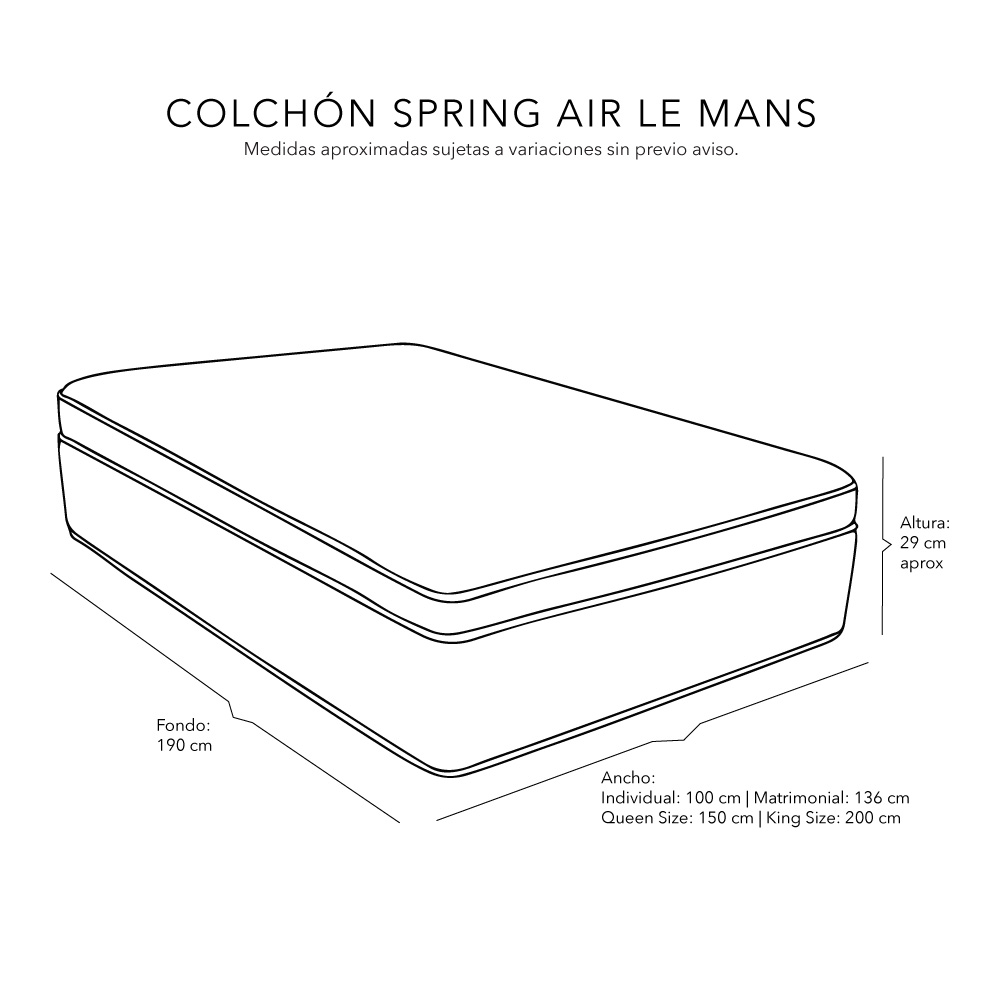 Colchón Matrimonial Spring Air LeMans con Cabecera Dicasa Titan y Base Cama Orleans Gris
