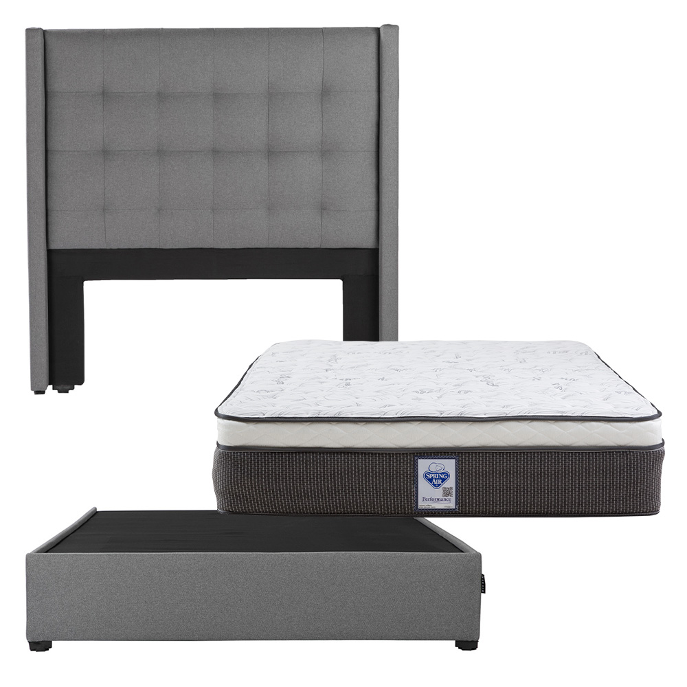 Colchón Matrimonial Spring Air LeMans con Cabecera Dicasa Titan y Base Cama Orleans Gris