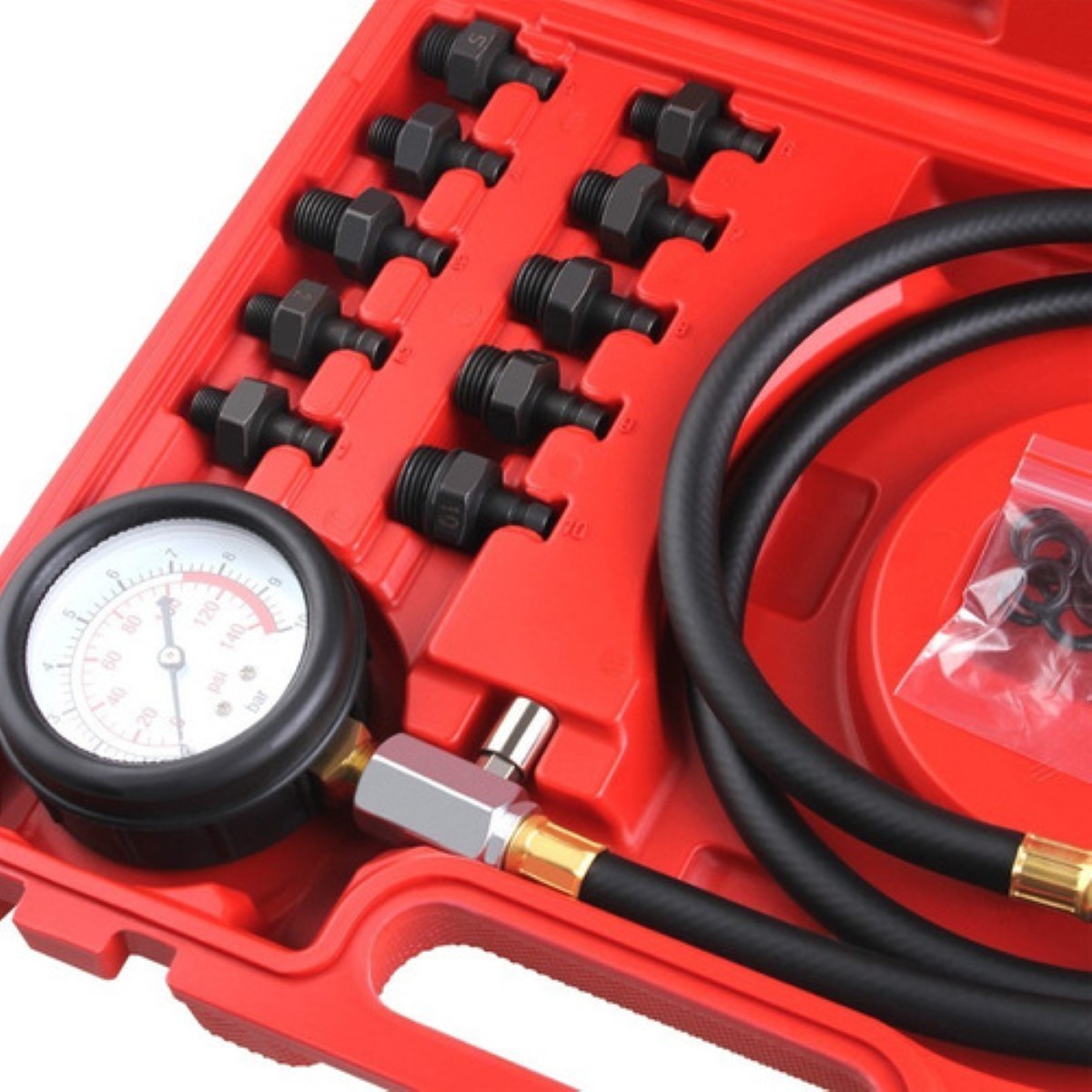 Kit De Manómetro Para Medir La Presión De Aceite Del Motor Estuche Rojo Herramientas Negras 
