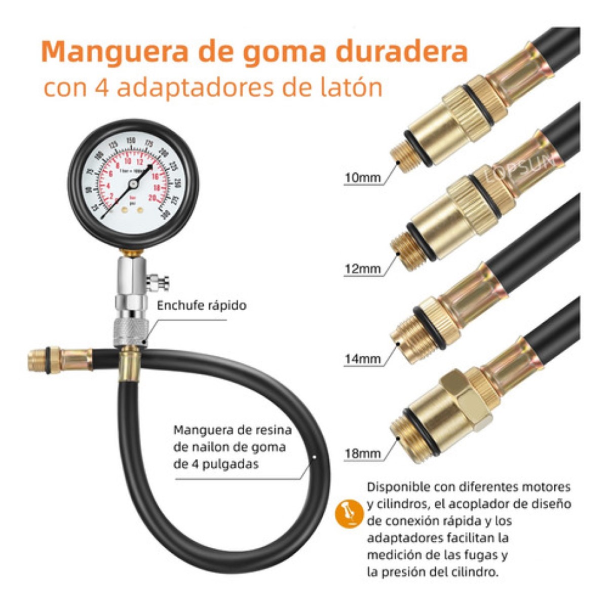 Medidor Compresión Cilindro Motor Gasolina Manómetro Presión 9pc Rojo Heramientas Negro/Dorado