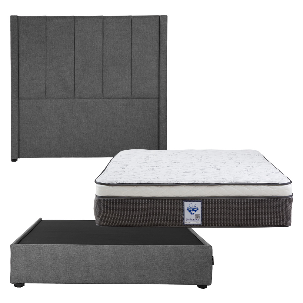 Colchón Queen Size Spring Air LeMans con Cabecera Dicasa Nizza y Base Cama Rivoli Gris