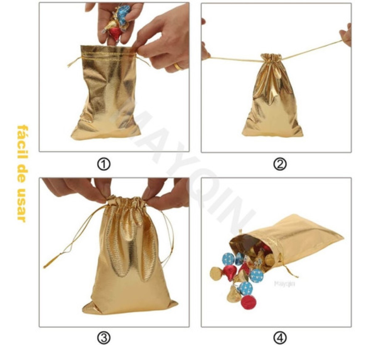 50 bolsas de regalo pequeñas, bolsas con cordón dorado/plateado