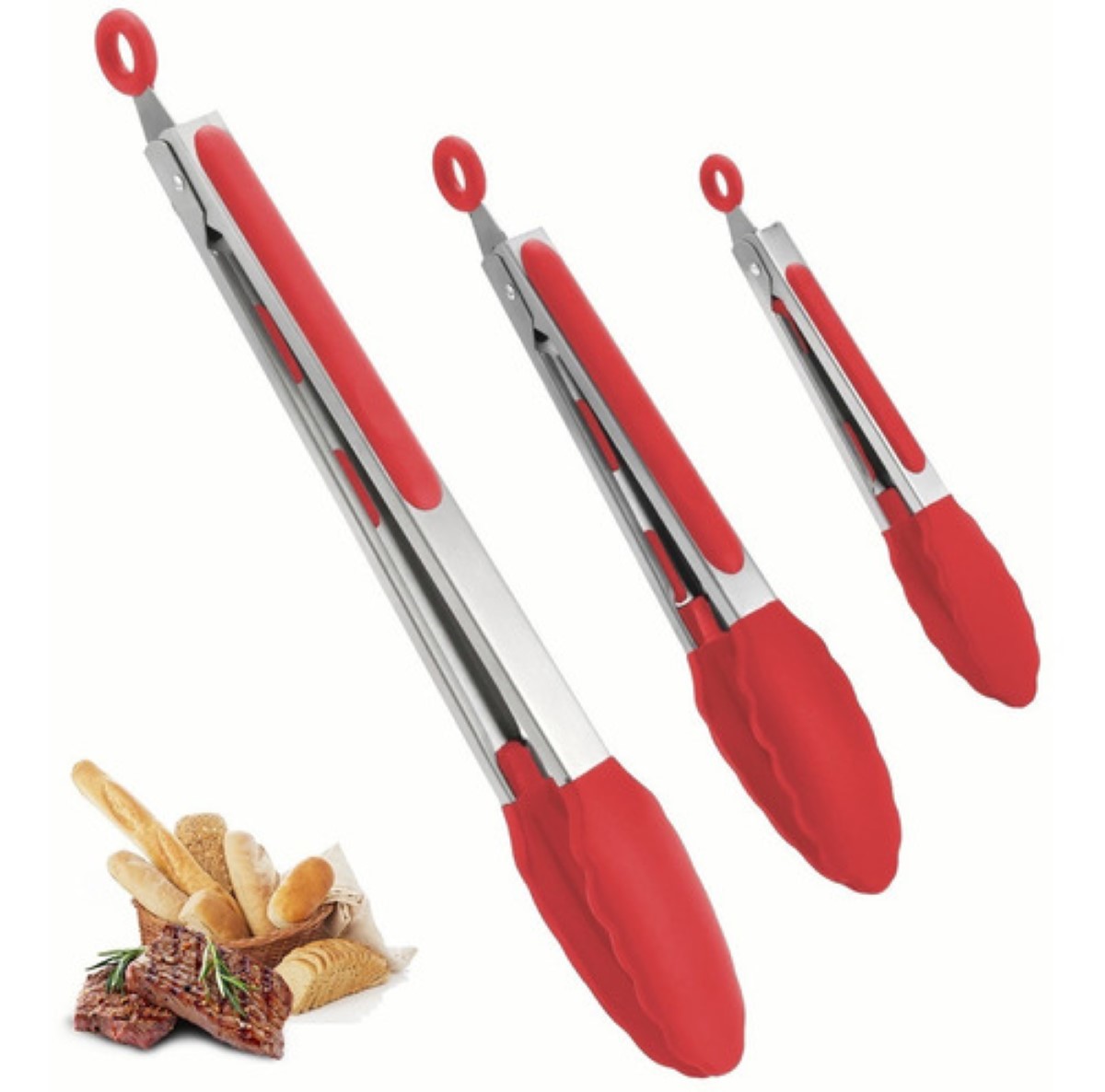 Pinzas De Cocina Silicona De Acero Inoxidable Para Cocina Rojo/Plata