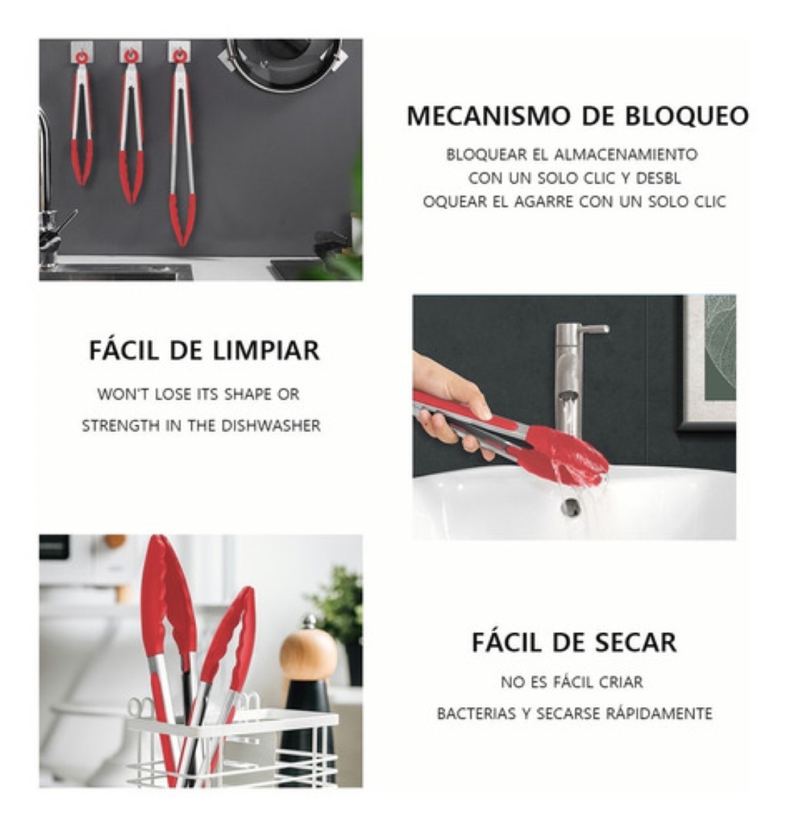 Pinzas De Cocina Silicona De Acero Inoxidable Para Cocina Rojo/Plata