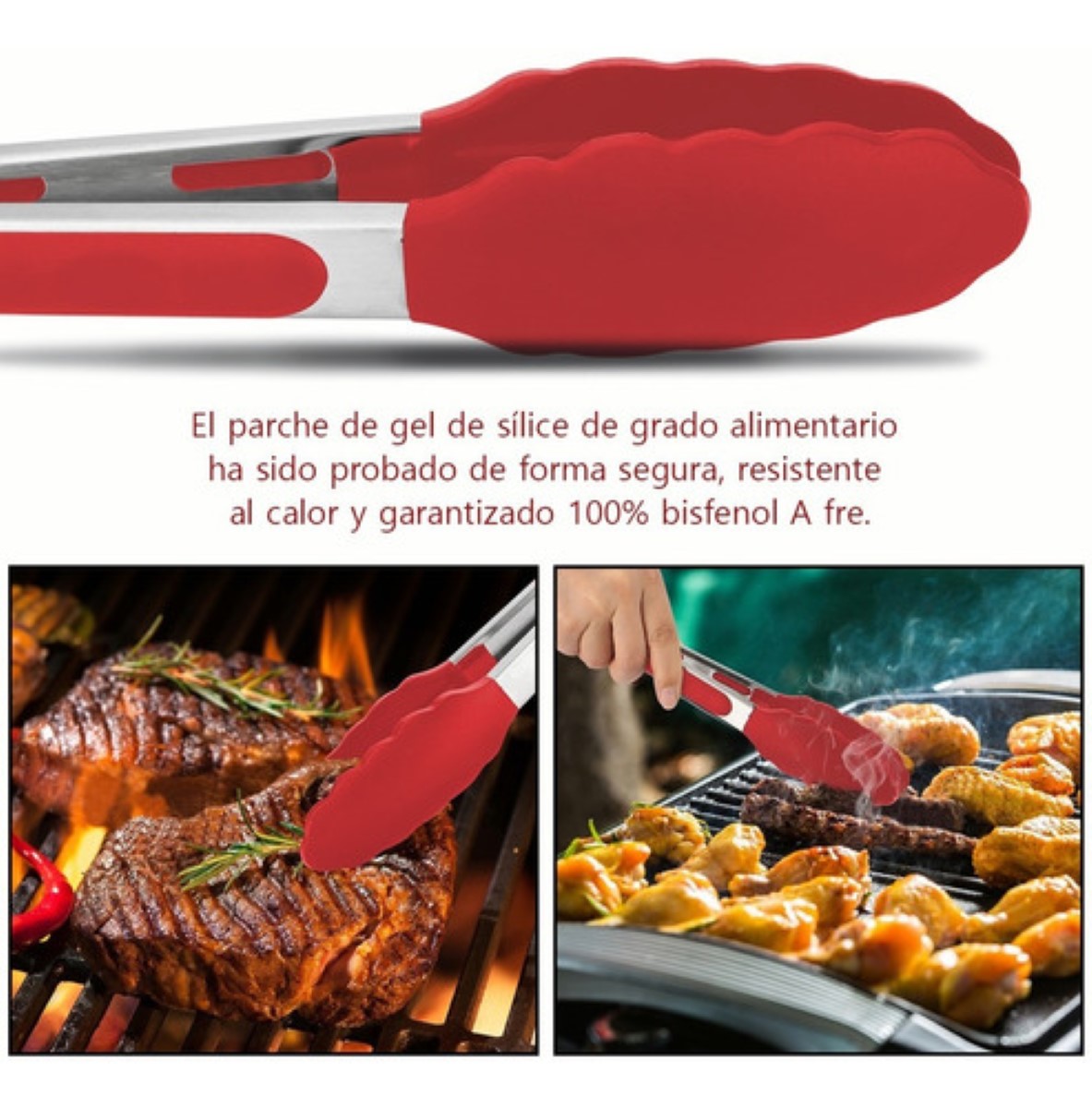 Pinzas De Cocina Silicona De Acero Inoxidable Para Cocina Rojo/Plata