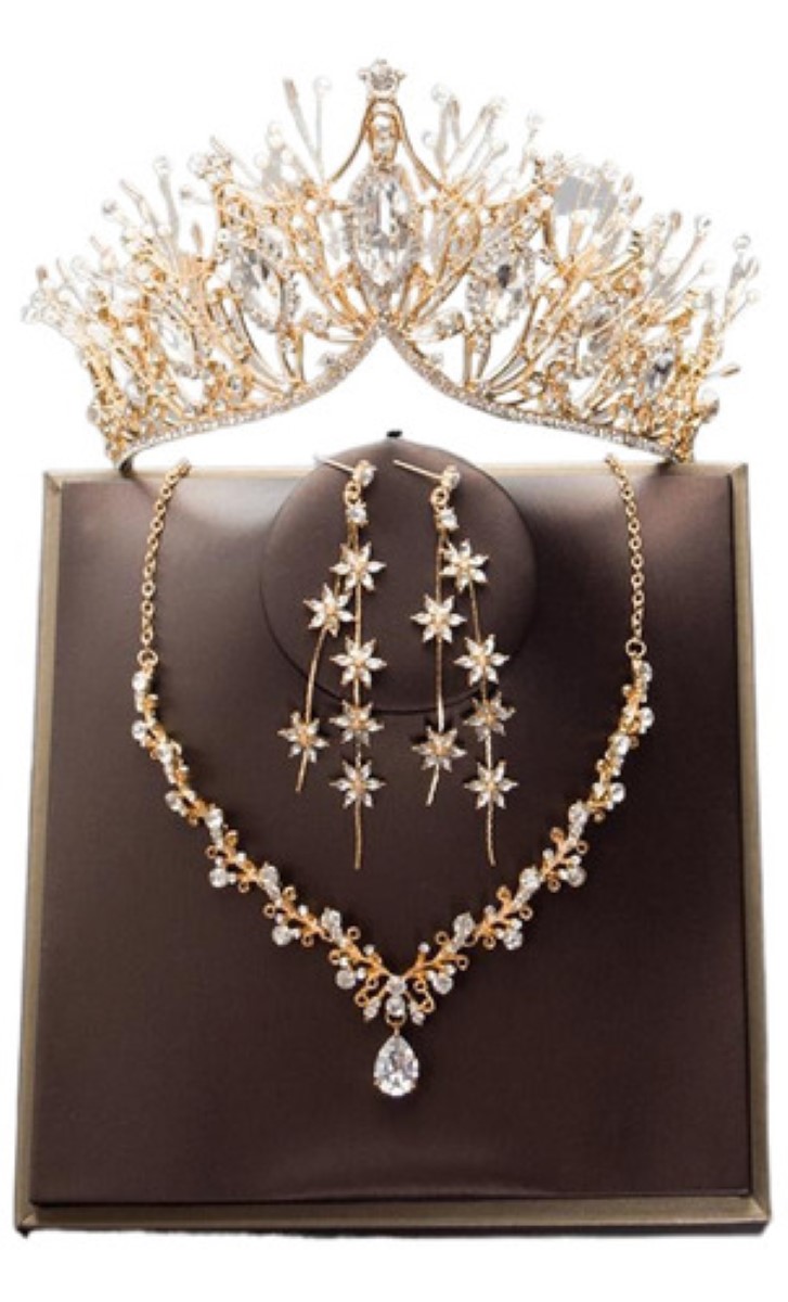 Strass Gargantilla Pendientes Corona Boda Joyas Dorado