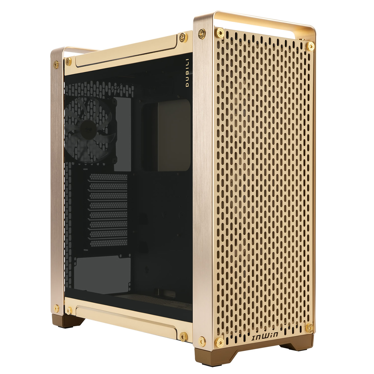 Gabinete Gamer IN WIN DUBILI GOLD E-ATX Full Torre 4 Fan Cristal Templado USB-C Dorado IW-CS-DUBILIMOD-GLD 