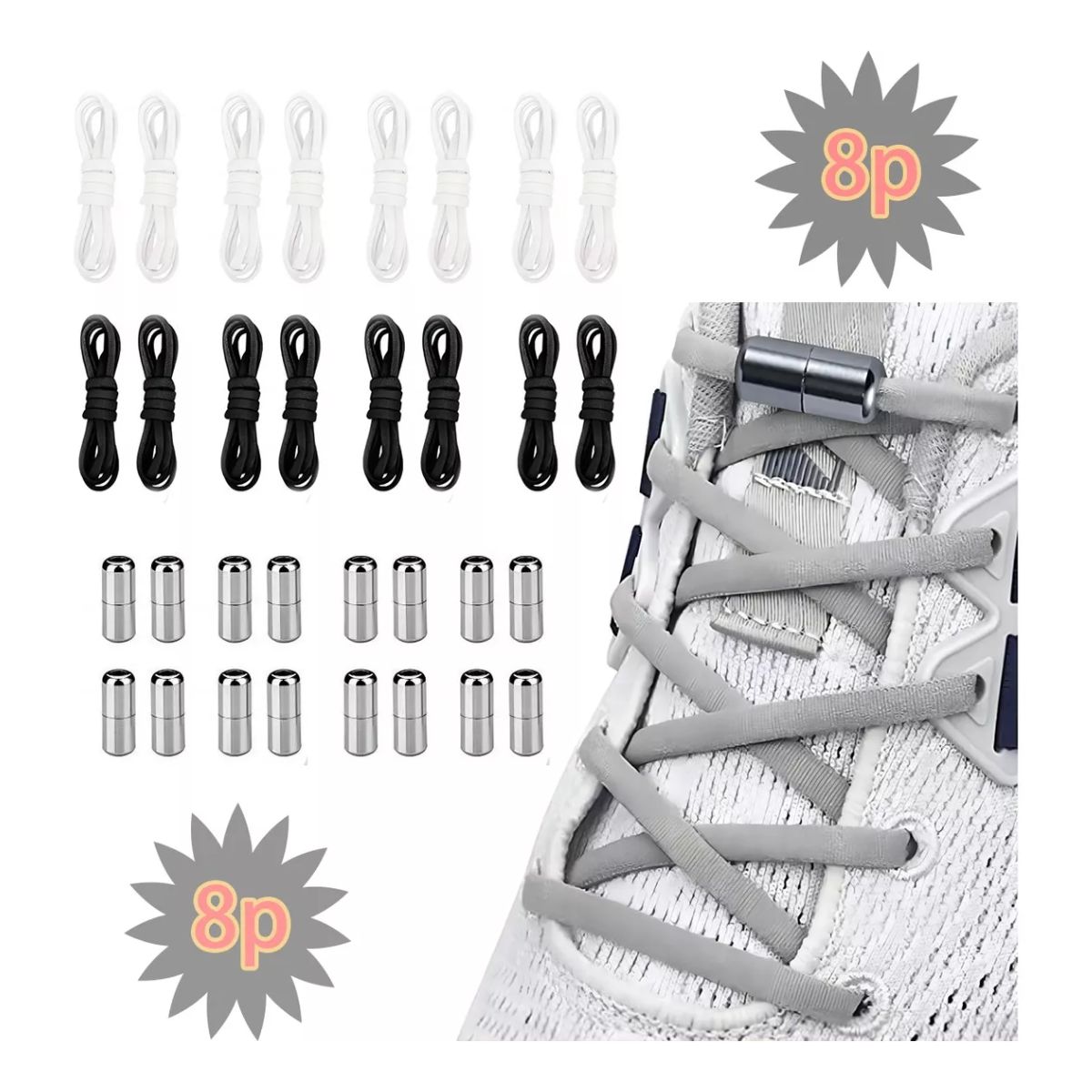 Agujetas Sin Nudo Elásticas Hebilla Metal 8 Pares Negro, Blanco