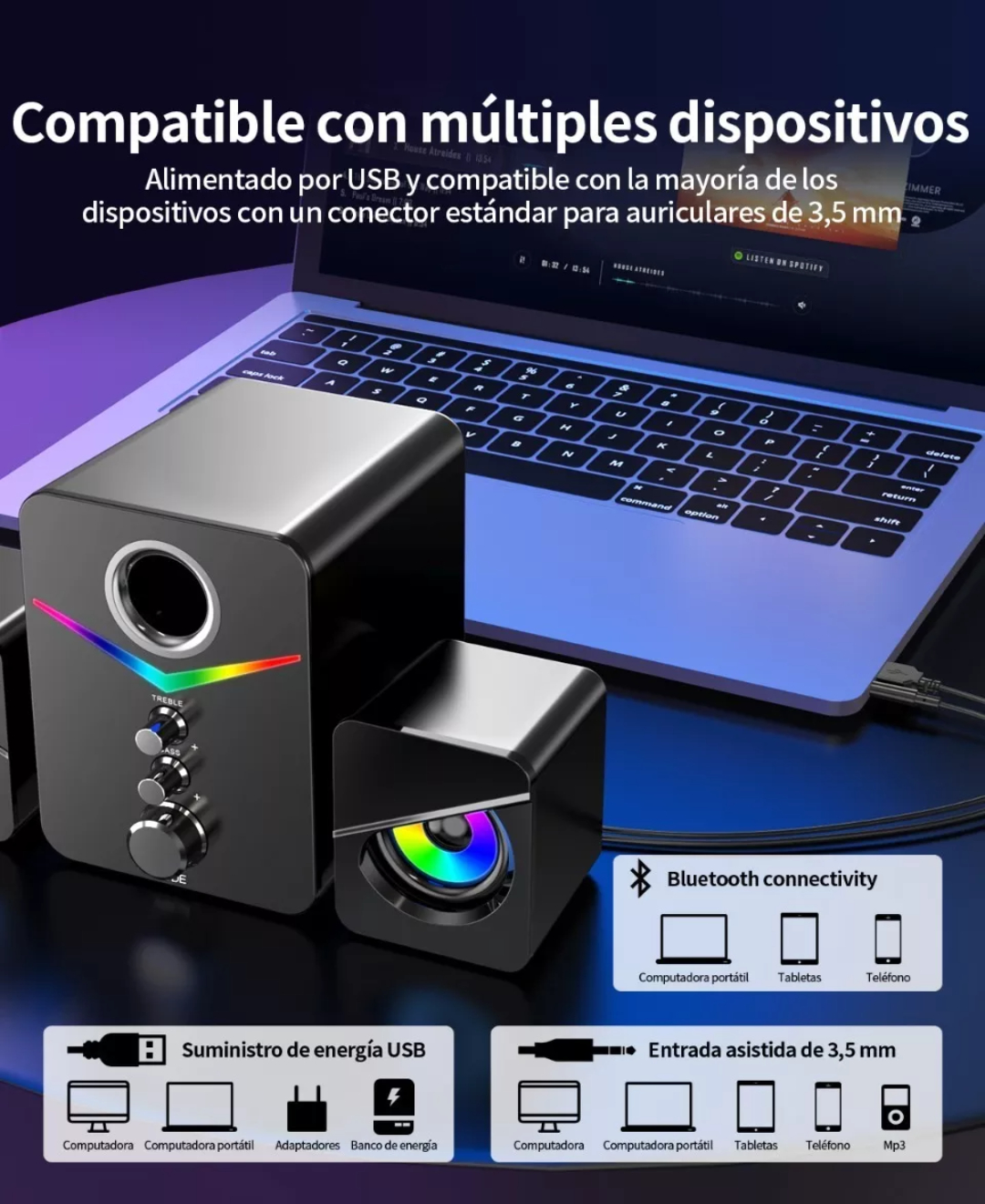 Altavoces para computadora, altavoz para PC, sonido estéreo, altavoz  multimedia alimentado por USB con luz LED colorida para PC portátil de  escritorio (paquete de dos)