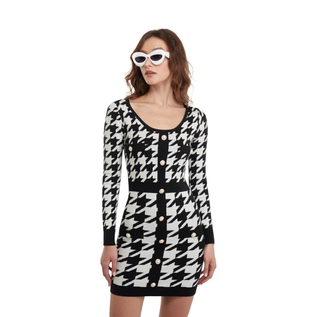 Vestido corto tejido stretch blanco con negro, marca Sao Paulo, mod. 1102527