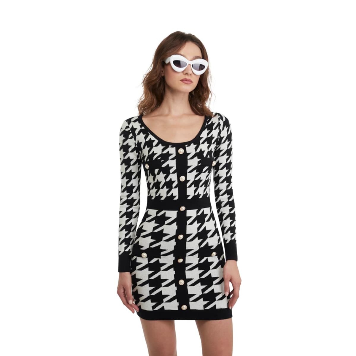 Vestido corto tejido stretch blanco con negro, marca Sao Paulo, mod. 1102527