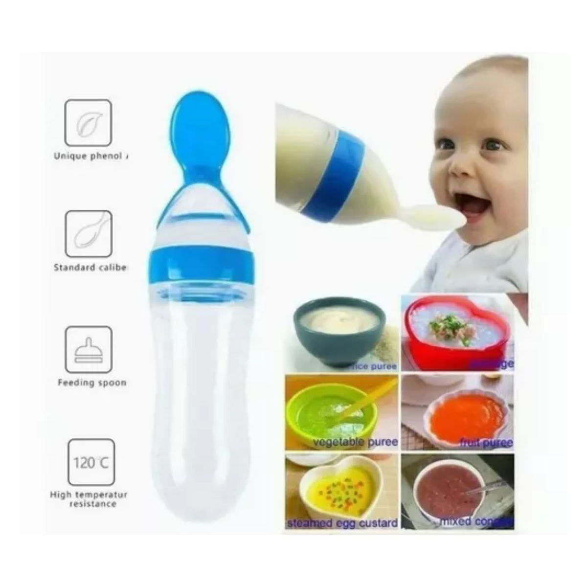 3 Pc Chupón Alimentador Fruta Y Biberón Cuchara Para Papilla Azul
